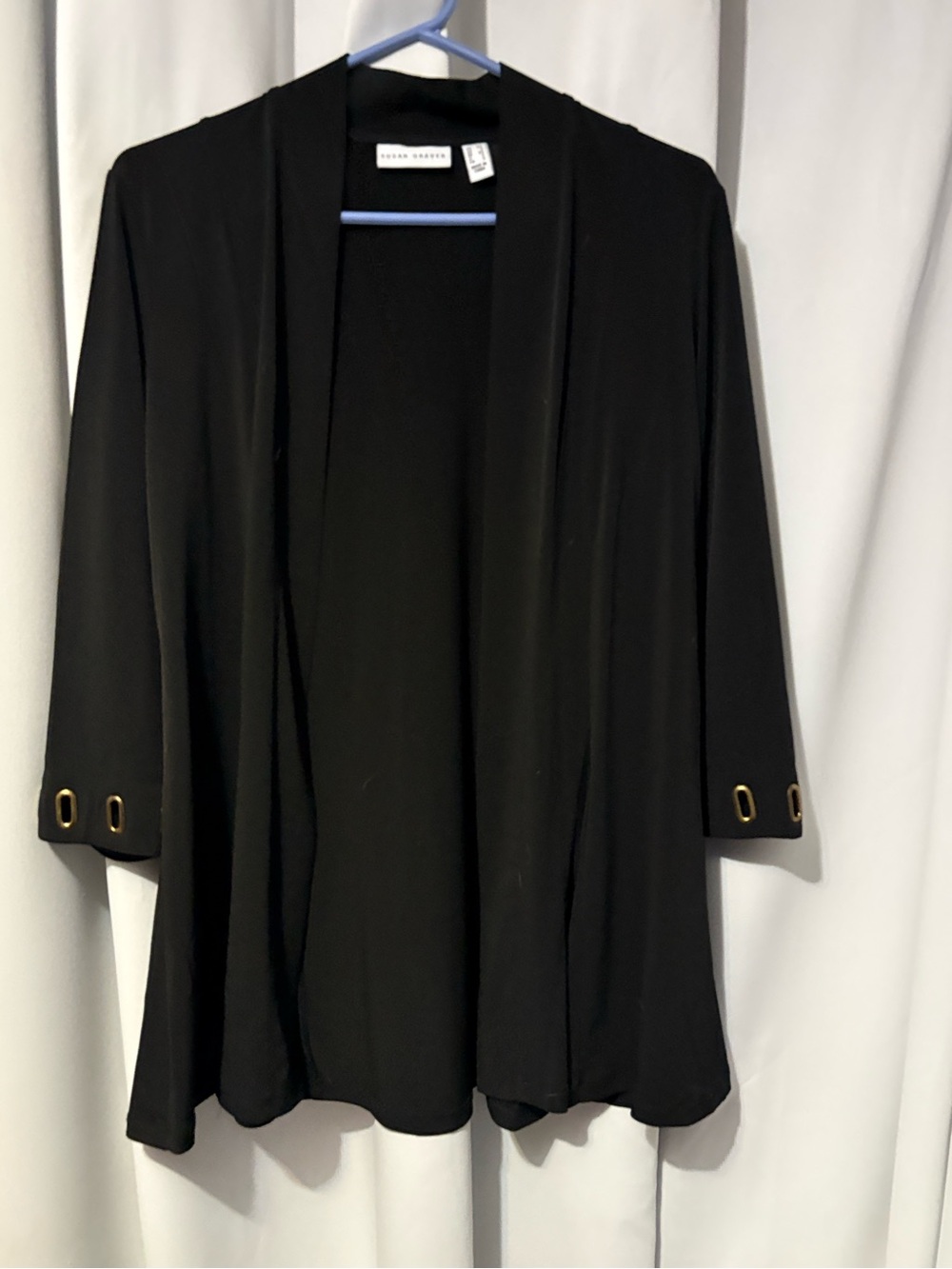 Susan Graver Black Open-Front Jacket with Gold Grommet Cuff